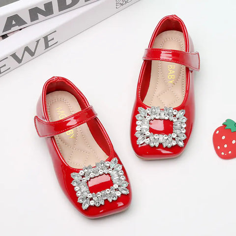 Red Leather Princess Shoes with Rhinestones for Kids