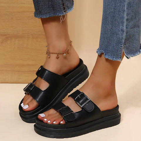 Thick Sole Women's Belt Buckle Slippers with Stitching