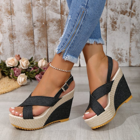 Women's Denim Cross Buckle Sandals