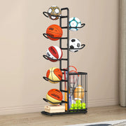 MLUPODY 7-Ball Sports Equipment Storage Rack with Ball Holder and Basketball Rack Athletic Gear Organizer ball Stand - Organize Toys Sports Gear and More 57.5" (Black)