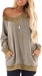 V-neck Long Sleeve Sweatshirt with Contrast Pocket