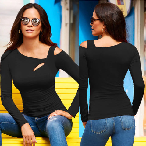 New Women's Long Sleeve Oblique Shoulder T-shirt