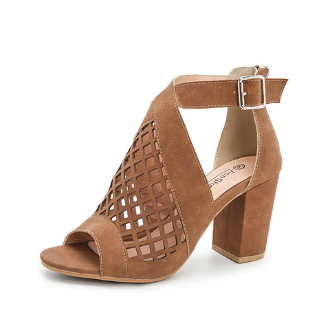 Chunky High Heel Hollow Buckle Roman Shoes for Women