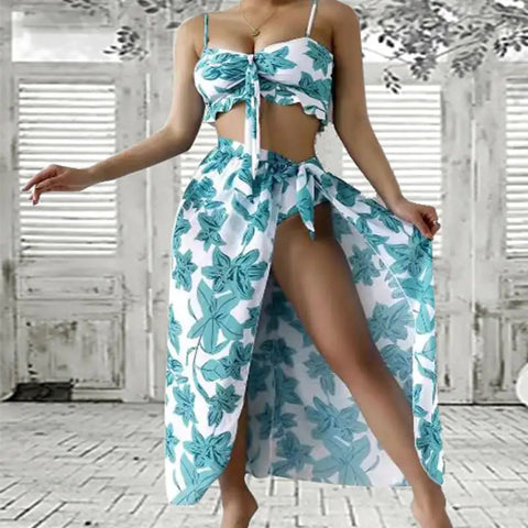 Three-Piece Floral Bikini and Beach Dress Set
