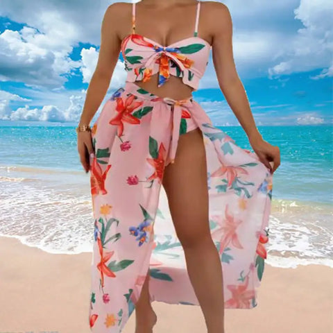 Three-Piece Floral Bikini and Beach Dress Set