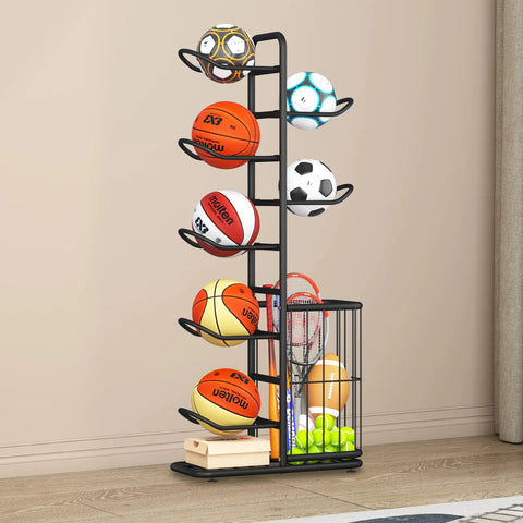 MLUPODY 7-Ball Sports Equipment Storage Rack with Ball Holder and Basketball Rack Athletic Gear Organizer ball Stand - Organize Toys Sports Gear and More 57.5" (Black)