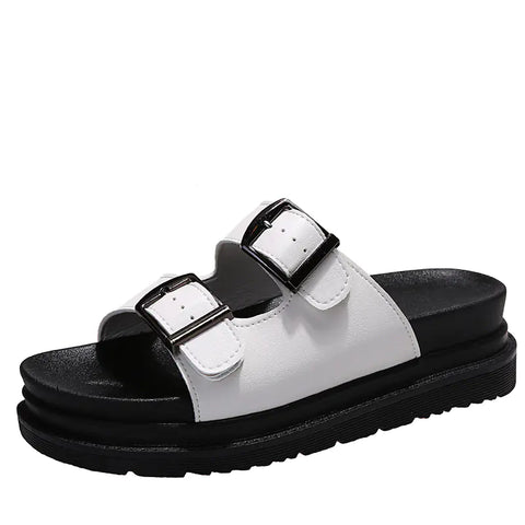 Thick Sole Women's Belt Buckle Slippers with Stitching