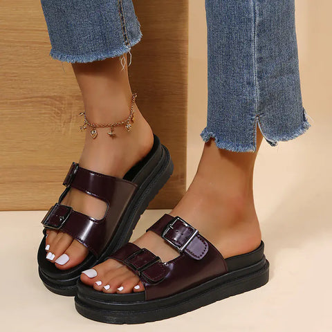Thick Sole Women's Belt Buckle Slippers with Stitching