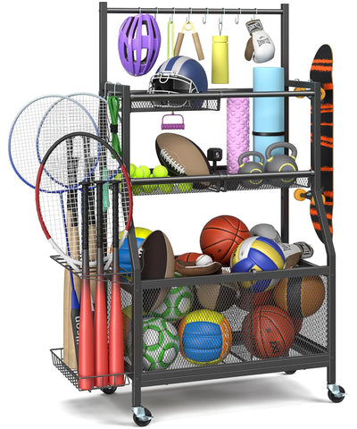 Mr IRONSTONE Garage Sports Equipment Organizer with Wheels Upgraded Thicker & Higher Garage Ball Storage Rack with Hooks and Baskets Rolling Garage Organizers and Storage Cart for Sports Gear Toys