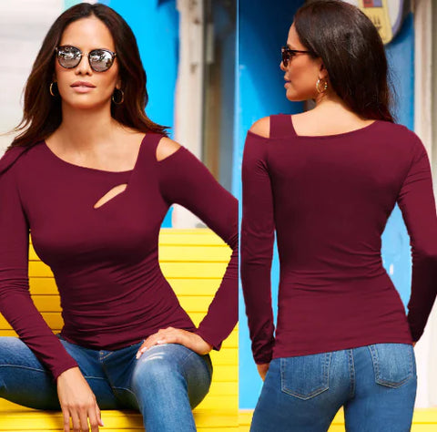 New Women's Long Sleeve Oblique Shoulder T-shirt