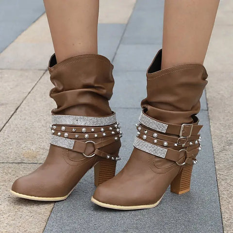 Rhinestone Belt Buckle Women’s Leather Boots
