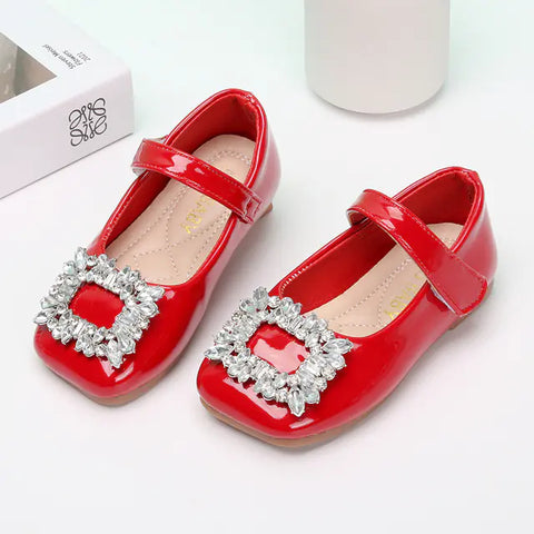 Red Leather Princess Shoes with Rhinestones for Kids