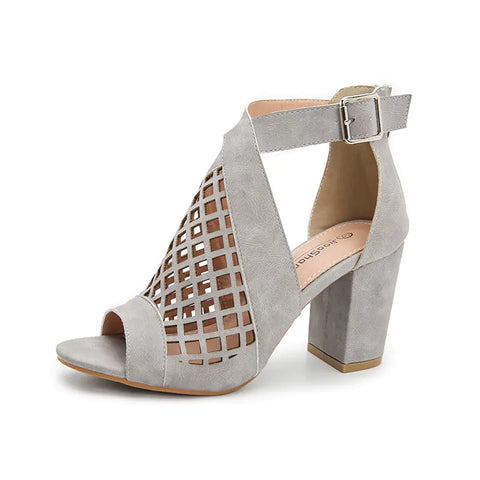 Chunky High Heel Hollow Buckle Roman Shoes for Women