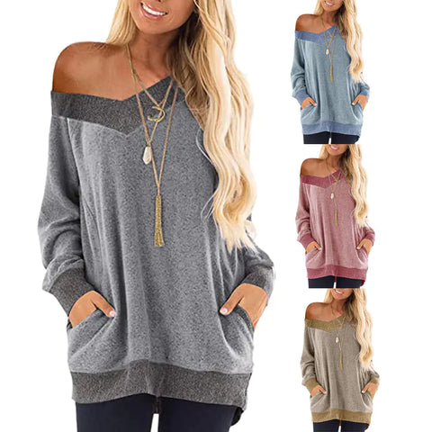 V-neck Long Sleeve Sweatshirt with Contrast Pocket