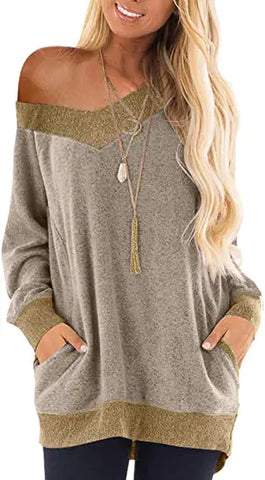V-neck Long Sleeve Sweatshirt with Contrast Pocket