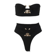 Shiny Strapless Bikini with Metal Accessories for Women