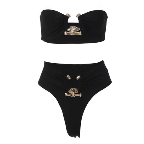 Shiny Strapless Bikini with Metal Accessories for Women