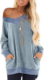 V-neck Long Sleeve Sweatshirt with Contrast Pocket