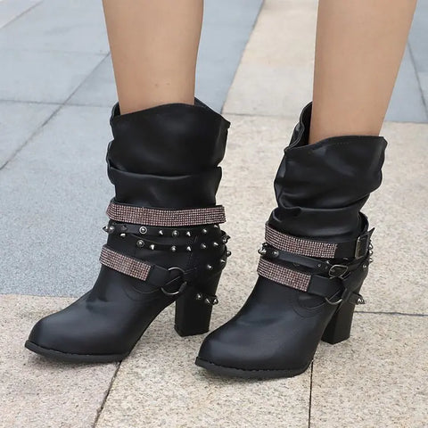 Rhinestone Belt Buckle Women’s Leather Boots