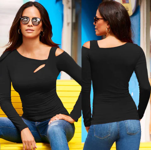 New Women's Long Sleeve Oblique Shoulder T-shirt