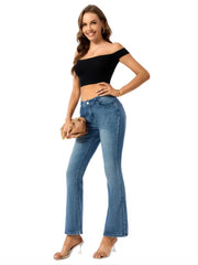 Blue Micro-Elastic High Waist Flared Jeans for Women