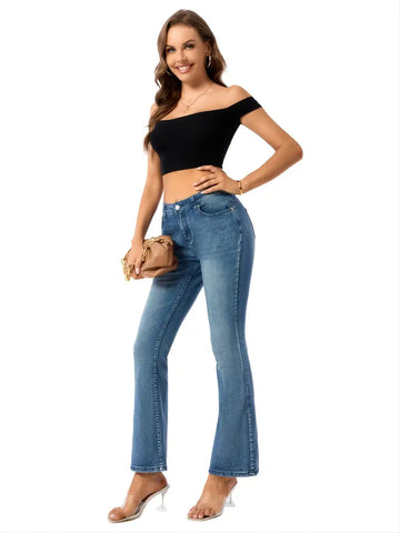 Blue Micro-Elastic High Waist Flared Jeans for Women