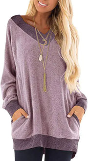 V-neck Long Sleeve Sweatshirt with Contrast Pocket