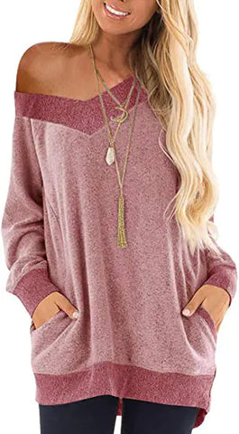 V-neck Long Sleeve Sweatshirt with Contrast Pocket