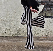 Black and White Striped Flare Pants for Autumn