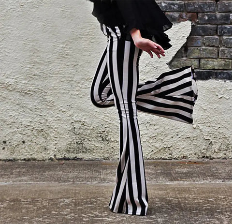 Black and White Striped Flare Pants for Autumn
