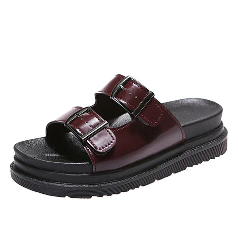 Thick Sole Women's Belt Buckle Slippers with Stitching
