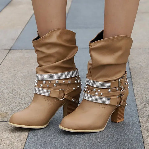 Rhinestone Belt Buckle Women’s Leather Boots