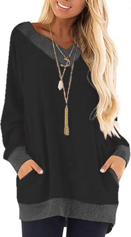 V-neck Long Sleeve Sweatshirt with Contrast Pocket