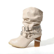 Rhinestone Belt Buckle Women’s Leather Boots