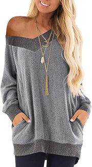 V-neck Long Sleeve Sweatshirt with Contrast Pocket