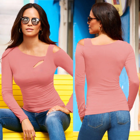 New Women's Long Sleeve Oblique Shoulder T-shirt
