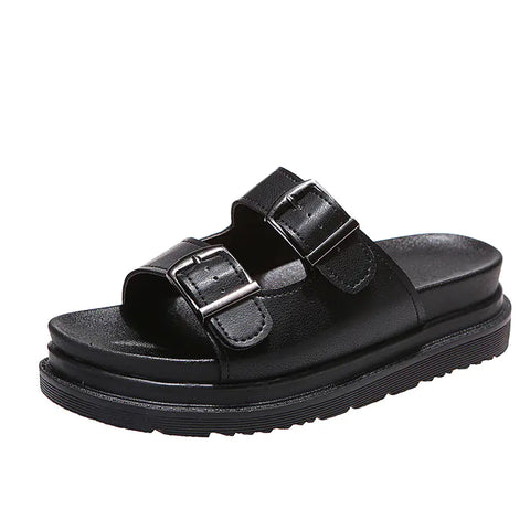 Thick Sole Women's Belt Buckle Slippers with Stitching
